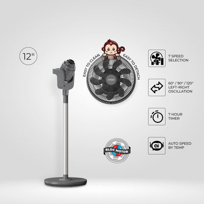 EZ88 12" BLDC Motor 3D Osc Air Circulator with Remote Control (Grey), Twist & Release Fan Head