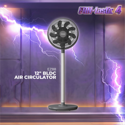 EZ88 12" BLDC Motor 3D Osc Air Circulator with Remote Control (Grey), Twist & Release Fan Head