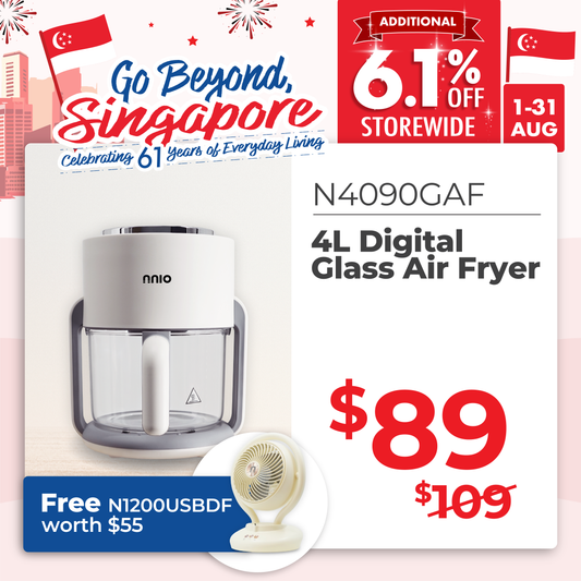 [NEW LAUNCH] N4090GAF 4L Digital Glass Air Fryer, 1300W, 8 Preset Menus, 360° Visible Glass Basket