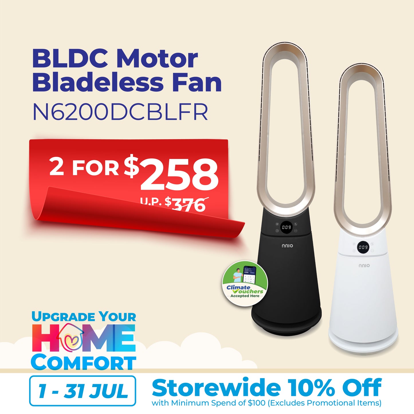 BLDC Motor Bladeless Fan with Remote Control, 9 Speed, 4 Osc Angle (N6200DCBLFR)