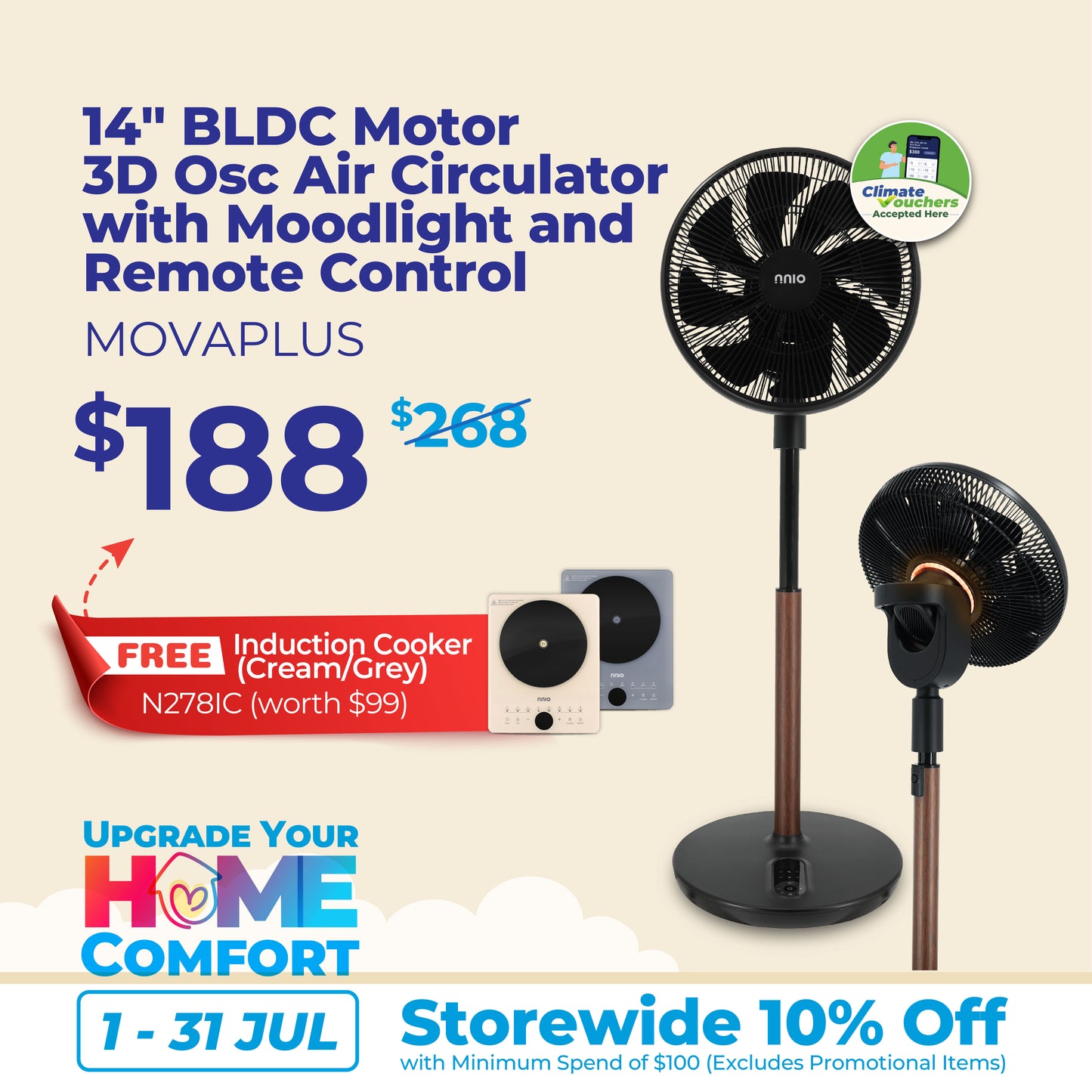 MOVAPLUS 14'' BLDC Motor 3D Osc Air Circulator with Moodlight and Remote Control, Height Adjustable