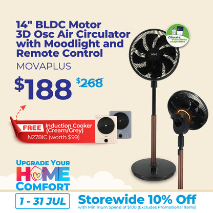 MOVAPLUS 14'' BLDC Motor 3D Osc Air Circulator with Moodlight and Remote Control, Height Adjustable