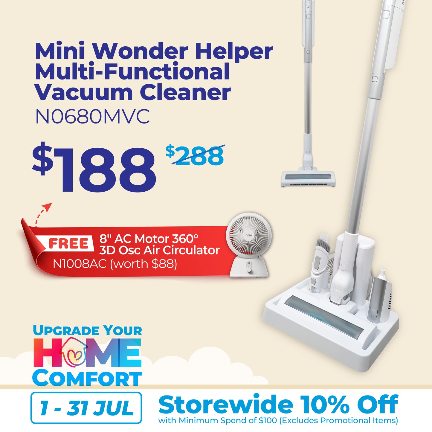 Mini Wonder Helper Multi-Functional Vacuum Cleaner, 120W BLDC Motor,  7-13kPA Suction (N0680MVC)