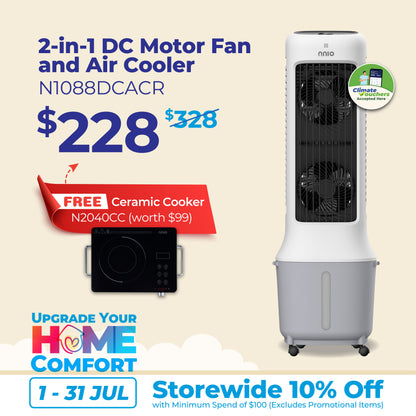 2-in-1 DC Motor Fan and Air Cooler with Remote Control,  24 Speed, 10L Water Tank,  Plasma Sterilisation (N1088DCACR)
