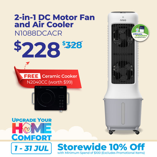 2-in-1 DC Motor Fan and Air Cooler with Remote Control,  24 Speed, 10L Water Tank,  Plasma Sterilisation (N1088DCACR)