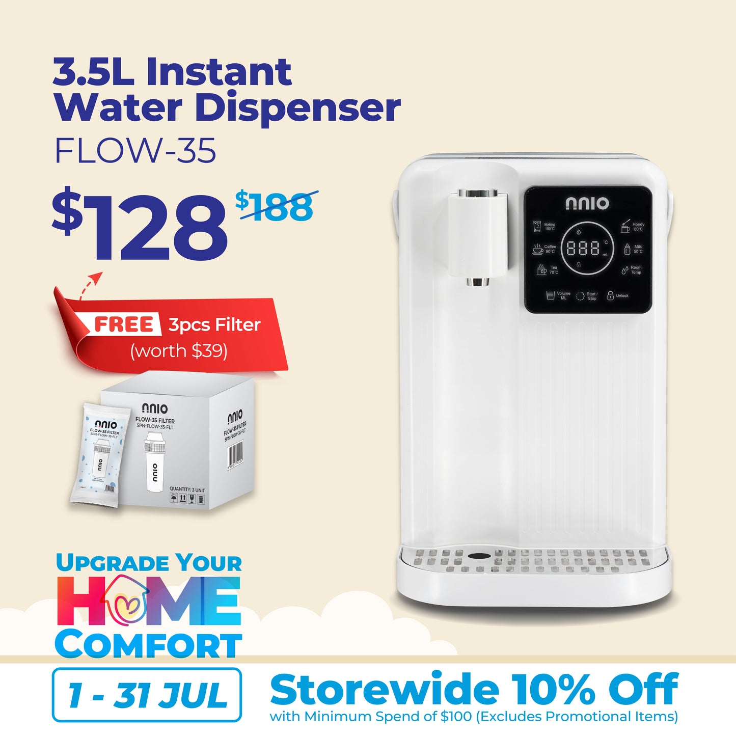 [NEW LAUNCH] FLOW-35 3.5L Instant Water Dispenser, 6 Preset Temperature, 8 Preset Volume, Night Visibility Light, Detachable Tank & Drip Tray