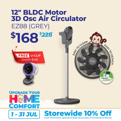EZ88 12" BLDC Motor 3D Osc Air Circulator with Remote Control (Grey), Twist & Release Fan Head