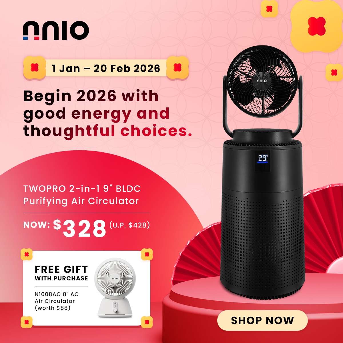 [NEW LAUNCH] TWOPRO 2-in-1 9" BLDC Motor 3D Osc Air Circulator and Purifier with Remote Control, 7 Speed, 3 Mode, HEPA-13 Filtration