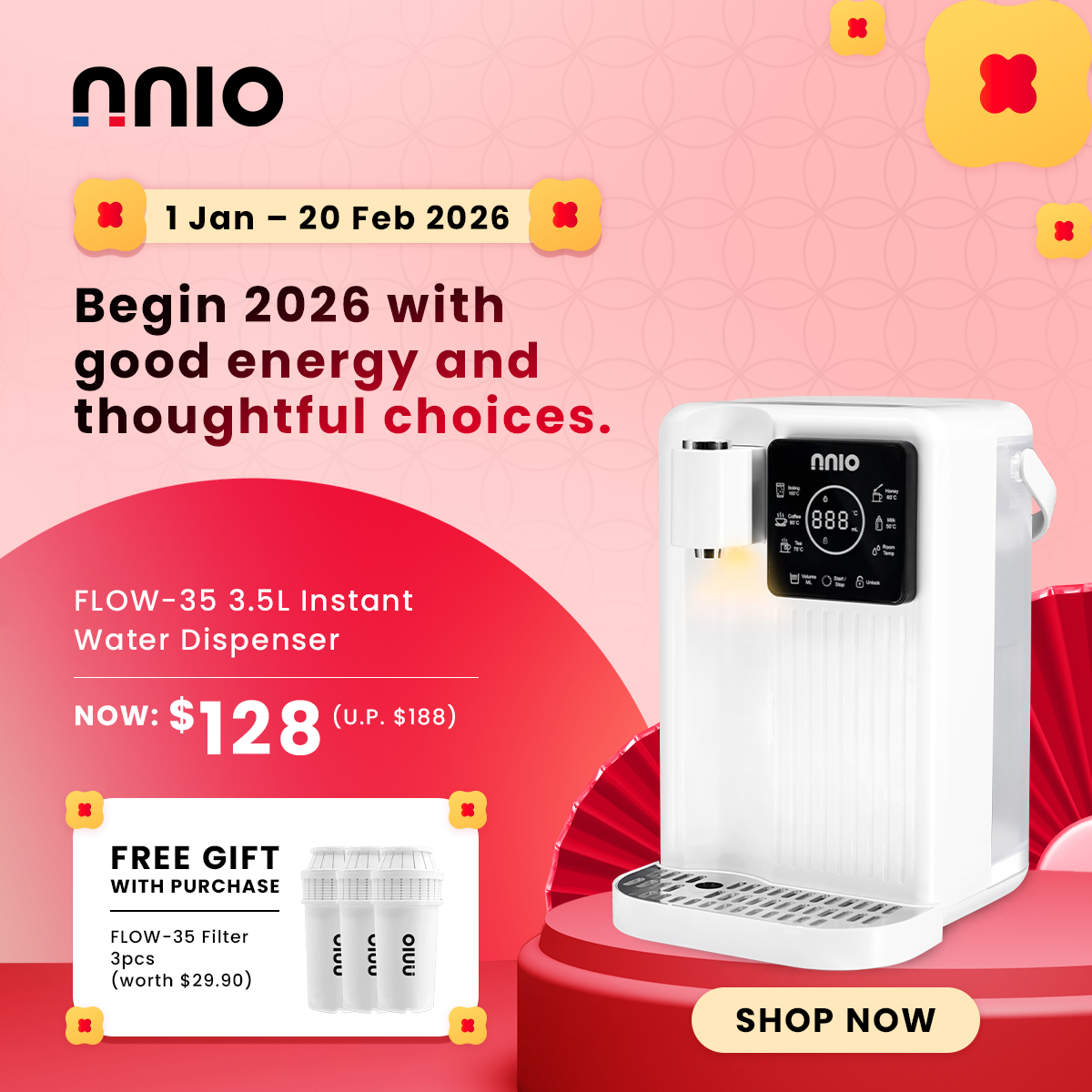 [NEW LAUNCH] FLOW-35 3.5L Instant Water Dispenser, 6 Preset Temperature, 8 Preset Volume, Night Visibility Light, Detachable Tank & Drip Tray