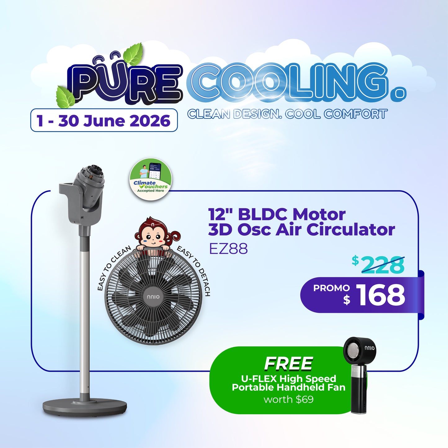 EZ88 12" BLDC Motor 3D Osc Air Circulator with Remote Control (Grey), Twist & Release Fan Head
