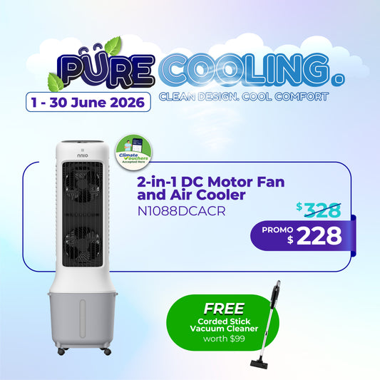 2-in-1 DC Motor Fan and Air Cooler with Remote Control,  24 Speed, 10L Water Tank,  Plasma Sterilisation (N1088DCACR)