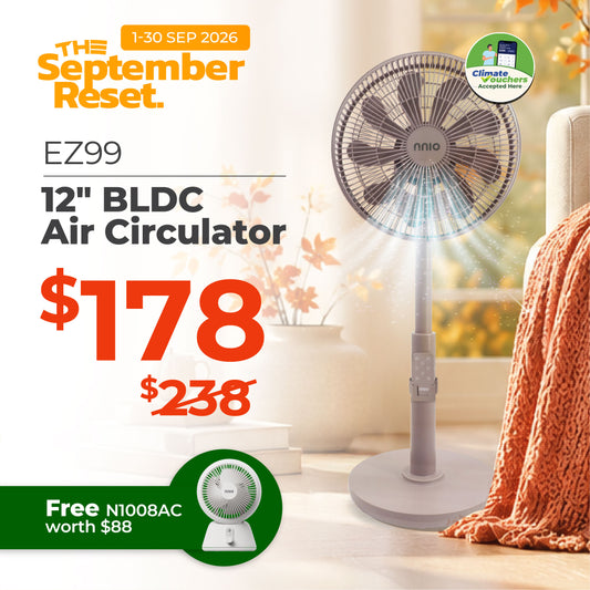 EZ99 12" BLDC Motor 3D Osc Air Circulator with Remote Control (Beige), Twist & Release Fan Head, Height Adjustable