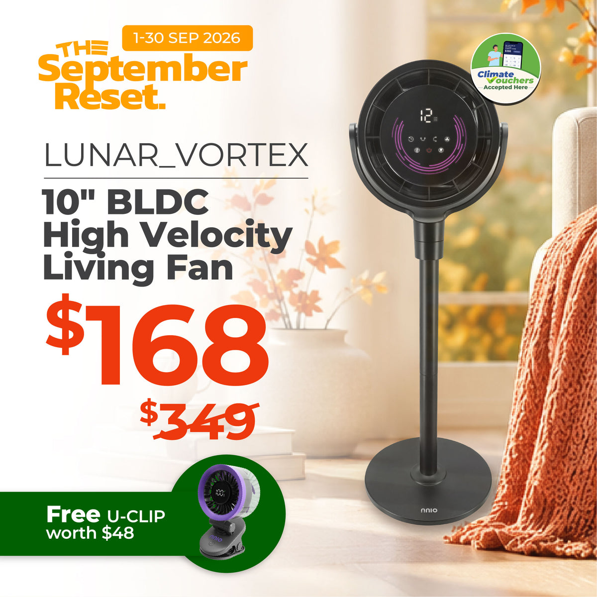 LUNAR-VORTEX 10" BLDC Motor 3D Osc High Velocity Living Fan with Remote Control, 12 Speed, 3 Mode, 3 Osc Angle, 3 Convertible Height