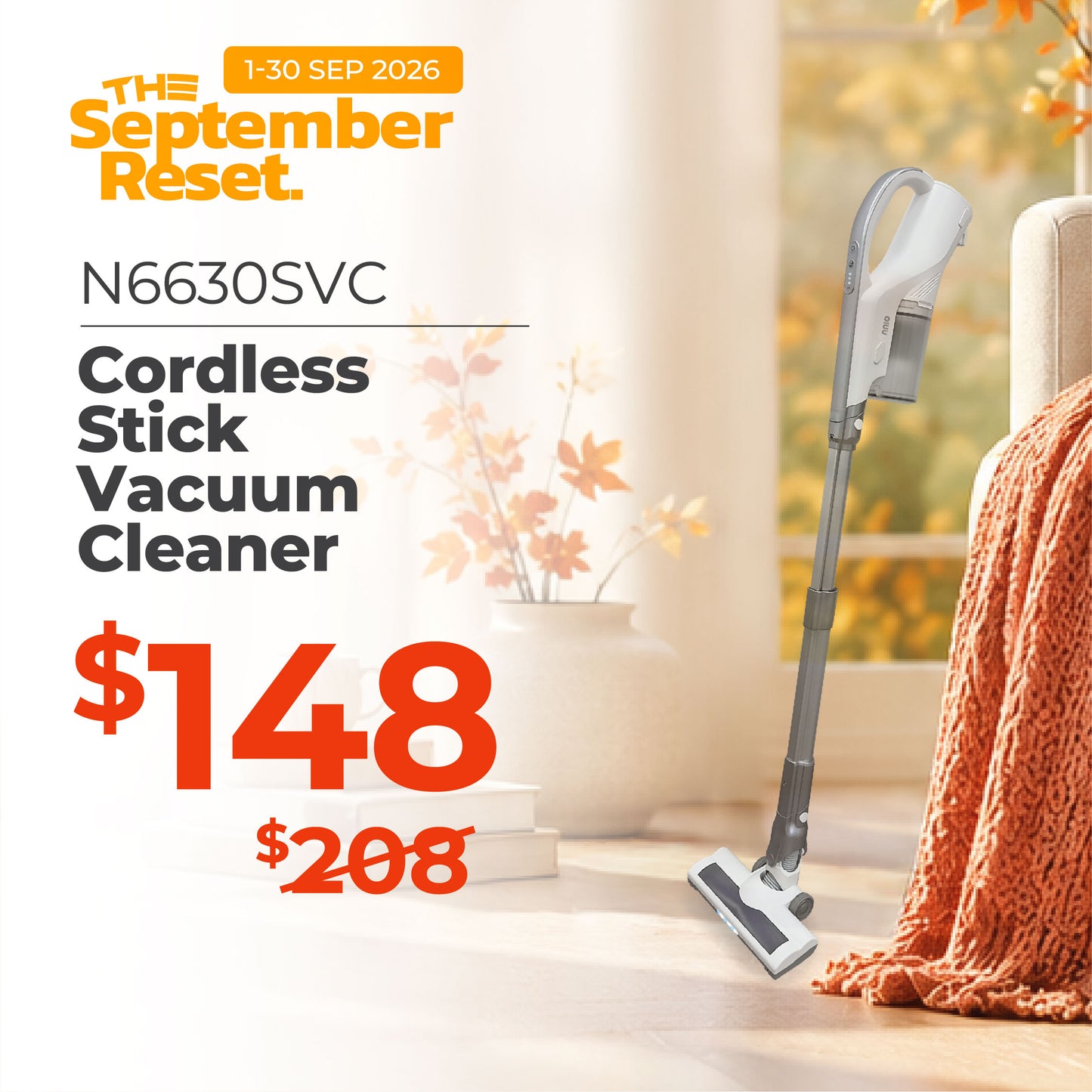 Cordless Stick Vacuum Cleaner, 200W BLDC Motor,  6-19kPA Suction, Adjustable Height (N6630SVC)